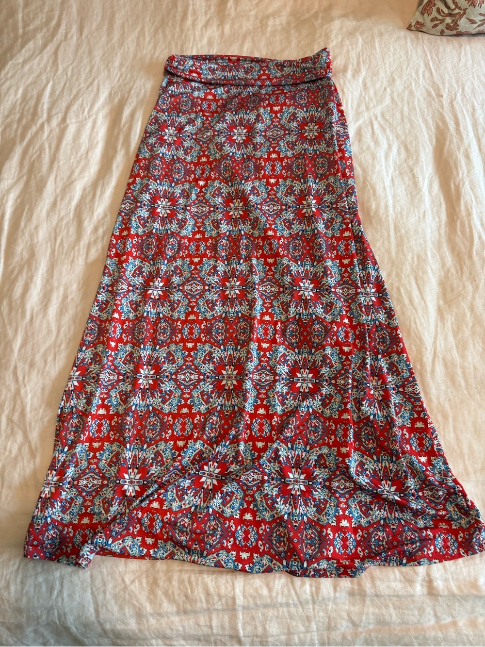 Gilli Red Floral Mosaic Maxi Skirt with Blue Accents